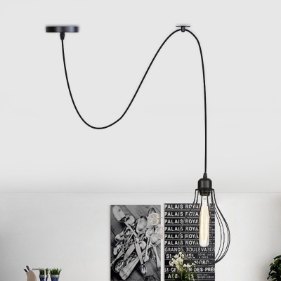 1 Head Pear Cage Pendant Lighting Industrial Black Finish Iron Mini Hanging Lamp Kit with Adjustable Cord