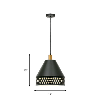 1 Light Down Lighting Vintage Bedside Ceiling Hang Fixture with Laser-Cut Cone Iron Shade in Black