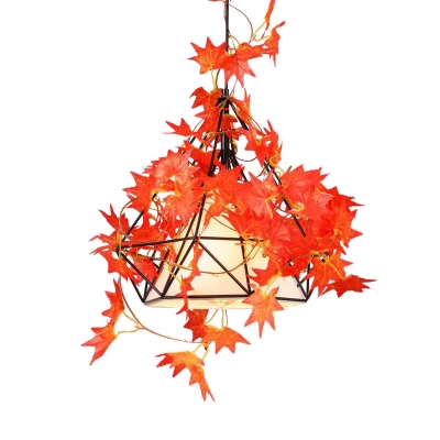 1-Light Fabric Hanging Pendant Countryside Red/Pink Flower/Leaf Snack Bar Ceiling Suspension Lamp with Pyramid Cage