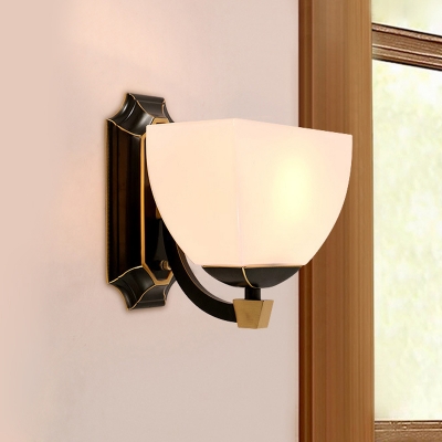 1-Light Squared Bowl Wall Sconce Traditional Black Opal Frosted Glass Wall Mount Light Fixture