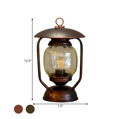 1 Light Tan Glass Desk Lamp Factory Style Brass/Copper Lantern Shade Bedroom Table Lighting