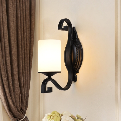 1-Light Wall Sconce Vintage Cylindrical Opal Frosted Glass Wall Lighting with Black Scroll Arm