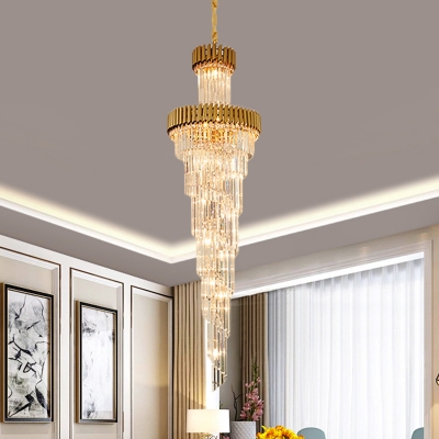 14-Bulb Spiral Hanging Chandelier Minimalism Black/Brass Beveled Crystal Ceiling Pendant Light