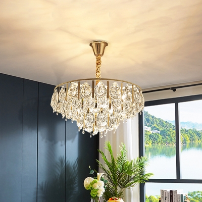 3/4 Bulbs Pendant Chandelier Modernist Teardrop Beveled Crystal Hanging Light Kit in Gold