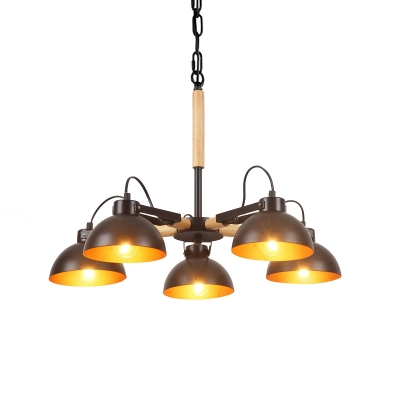 3/5/6-Light Dome Hanging Chandelier Farmhouse Black and Wood Metal Pendulum Lamp for Living Room