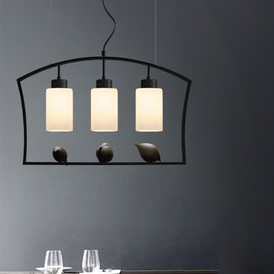 3-Light Island Pendant Rural Cylindrical Opaline Frosted Glass Hanging Lamp with Black Frame and Bird Decor