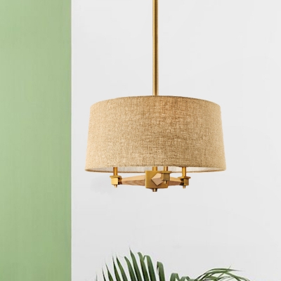 3 Lights Drum Pendant Chandelier Rural White/Light-Wood/Dark-Wood Fabric Suspended Lighting Fixture for Parlor