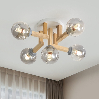 5/7-Bulb Bedroom Semi-Flush Mount Designer Wood Close to Ceiling Light with Orb Smoke Gray Dimpled Glass Shade