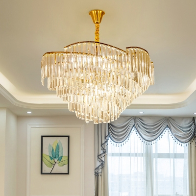5-Bulb Crystal Prism Pendant Chandelier Vintage Brass Cone Parlor Ceiling Suspension Lamp