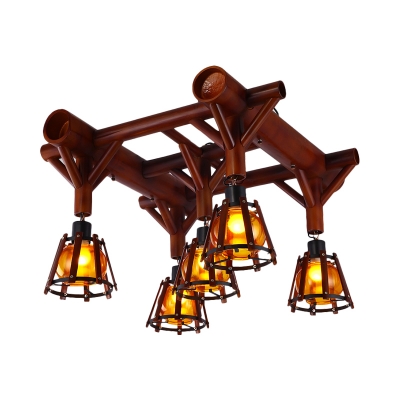 5 Lights Semi Flush Traditional Living Room Ceiling Lamp with Cone Wood Shade in Brown
