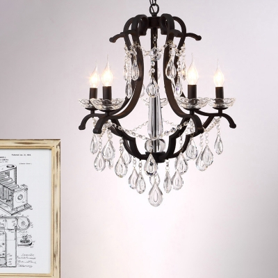 6/8 Bulbs Scroll Arm Chandelier Light Traditional Black Finish Metal Ceiling Pendant Lamp with Crystal Drop