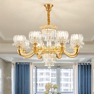 6/8 Lights Crystal Block Pendant Modernist Gold Lotus Dining Room Chandelier Lamp Fixture