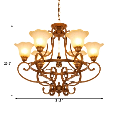 6 Lights Chandelier Lighting Traditional Living Room Drop Pendant with Flower Beige Glass Shade in Brown