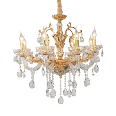 8 Lights Hanging Chandelier Traditional Curvy Arm Clear Crystal Glass Suspension Pendant Lamp in Gold