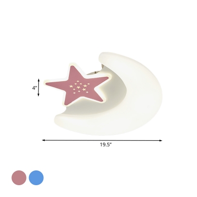 Acrylic Moon and Star Flush Mount Lighting Fixture Minimalistic LED Pink/Blue Ceiling Lamp for Children Bedroom