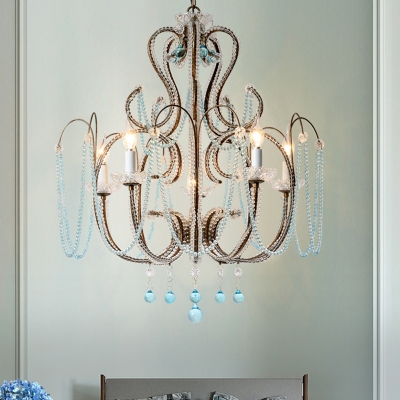 Antique Vase Shape Chandelier 6 Bulbs Crystal Beaded Hanging Ceiling Light with Candle Design in Rust-Blue