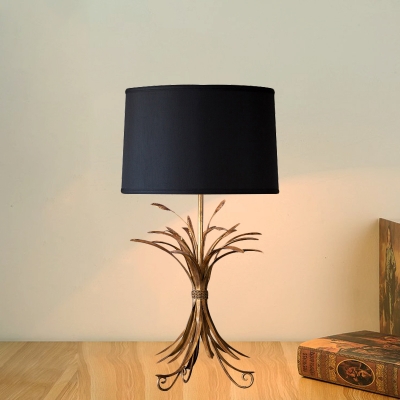 Antiqued Brass Wheat Bunch Table Lamp Farm Fabric Single Family Room Nightstand Light with Black Drum Lampshade
