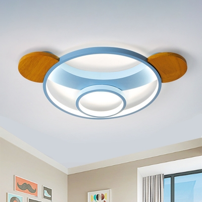 Bear Head Flush Mount Lamp Cartoon Metal Pink/Blue and Wood LED Ceiling Fixture in Warm/White Light, 16