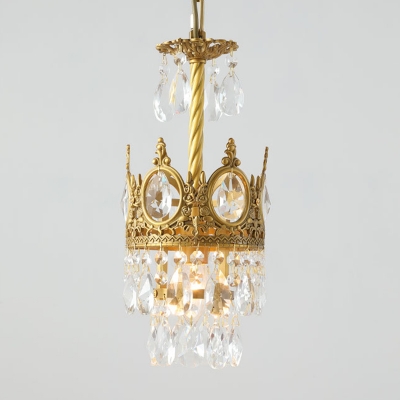 Beveled Crystal Crown Pendulum Light Traditional 1 Head Bedroom Pendant Lamp in Gold