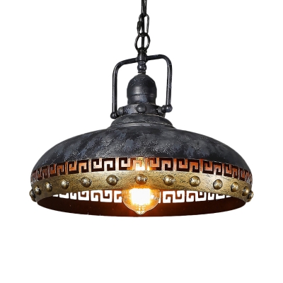 Black Bowl Hanging Light Fixture Antiqued Metallic 1 Head Restaurant Handle Ceiling Pendant Lamp