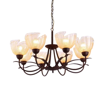 Bowl Yellow Rippled Glass Chandelier Rustic 8 Lights Living Room Pendant Light in Black with Curved Arm