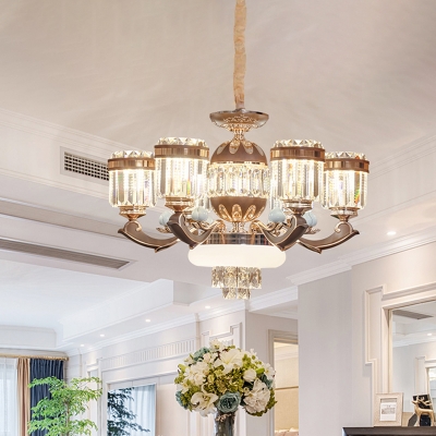 Contemporary Cylindrical Pendant Lighting 6/8 Lights Crystal Rectangle Ceiling Chandelier in Gold