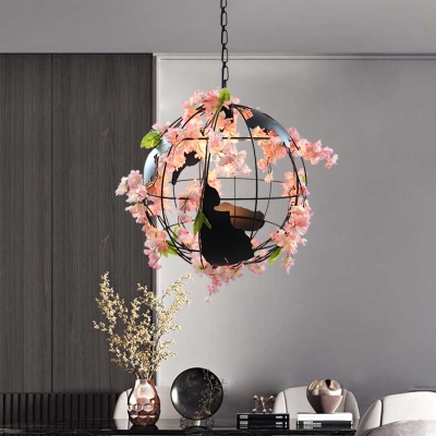 Countryside Flower Globe Ceiling Pendant Single-Bulb Iron Suspended Lighting Fixture in White/Pink