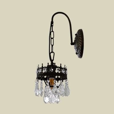 Crown Shape Living Room Sconce Lighting Metal 1 Bulb Traditional Wall Mount Lamp Fixture in Black/Brass with Crystal Drop