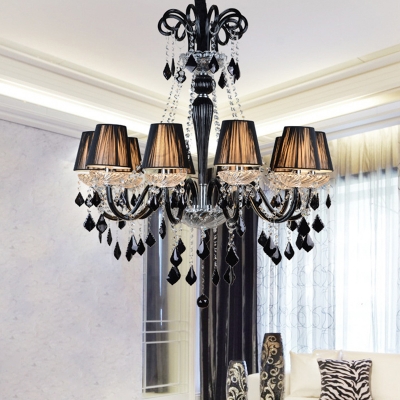 Crystal Drip Black Pendant Chandelier Curved Arm 10 Bulbs Traditional Ceiling Light with Fabric Shade