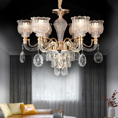 Crystal Scalloped Bowl Chandelier Vintage 7 Heads Dining Room Ceiling Pendant Lamp in Gold