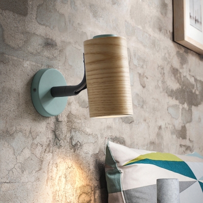 Cylindrical Mini Wall Lamp Macaron Wooden Single Yellow/Blue/Green Sconce Light Fixture with Curved Arm