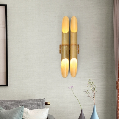 Double Bamboo Pipe Wall Lighting Ideas Asia 4 Bulbs Beige Up and Down Wall Sconce for Guest Room