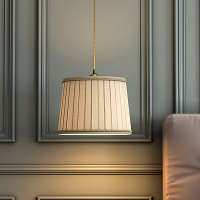 Drum Bedside Drop Pendant Light Farmhouse Fabric 1 Bulb Beige Ceiling Suspension Lamp