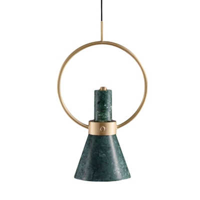 Flared Drop Pendant Light Nordic Marble 1 Bulb Green Ceiling Suspension Lamp with Gold Ring