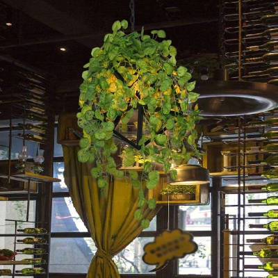 Geometric Cage Iron Hanging Lamp Warehouse 1 Bulb Restaurant Pendant Light Fixture in Black with Green Plant