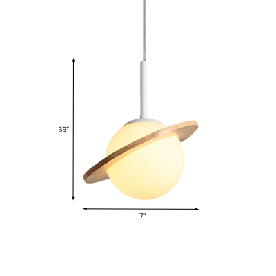 Global Pendant Light Fixture Simple White Glass 1-Head Bedside Hanging Ceiling Lamp with Wood Ring
