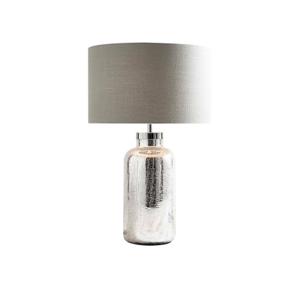 Grey Drum Shade Table Light Rustic Fabric 1-Light Living Room Night Lamp with Crackle Bottle Base