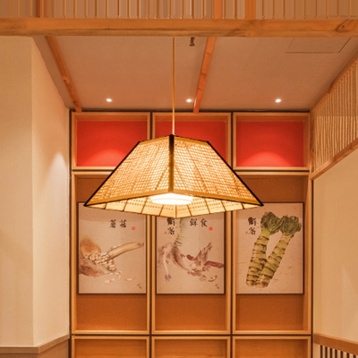 Grid Trapezoid Rattan Pendant Lamp Asian 1 Bulb Beige Hanging Light Fixture for Restaurant