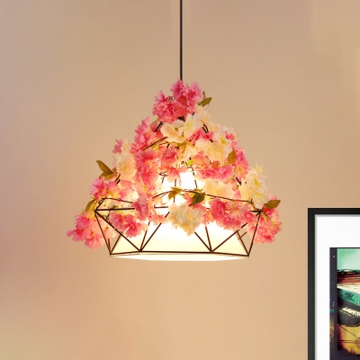 Industrial Diamond Cage Drop Lamp 1-Bulb Iron Flower Pendant Light in Pink/Green with Fabric Shade