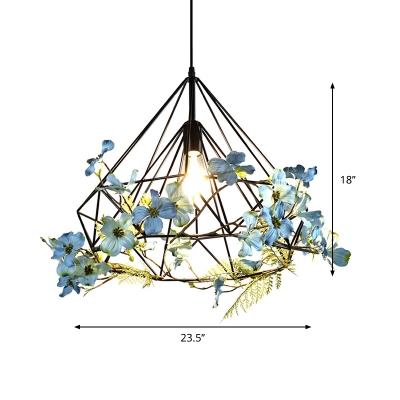 Iron Diamond Cage Ceiling Lamp 1-Light Restaurant Pendant Light Fixture with Flower Decor in Black, 18