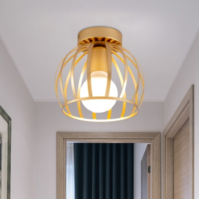 Iron Domed Cage Flushmount Lighting Minimalist 1 Light Black/Gold Finish Flush Mount Ceiling Lamp
