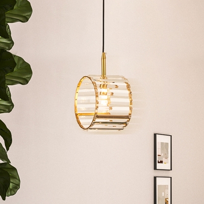 K9 Crystal Brass Hanging Light Ribbed Circle Small 1 Bulb Mid Century Style Pendant Lamp
