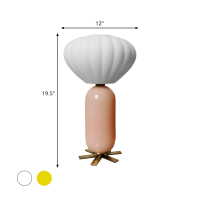 Macaron Balloon Nightstand Light White/Yellow Ribbed Glass Single Living Room Table Lighting with Capsule Base