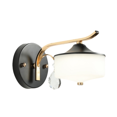 Milk Glass Drum Wall Light Sconce Modernist 1 Light Black and Gold LED Wall Lamp with Crystal Drop