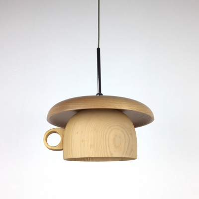 Modern 1 Head LED Down Lighting Beige Coffee-Cup Hanging Pendant Lamp with Wood Shade