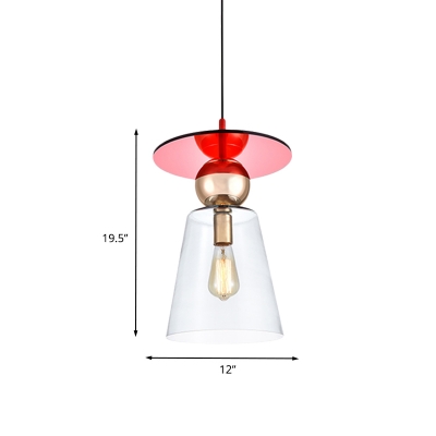 Modern Cup-Shape Hanging Lighting Clear Glass 1-Head Coffee Shop Pendant Ceiling Lamp with Red Disc Top