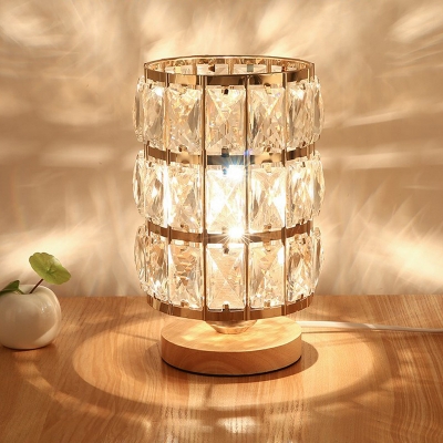 Modern Cylinder Drum Nightstand Light 1 Light Crystal Block Night Table Lamp in Gold