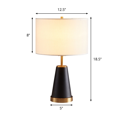 Modern Drum Night Table Light Fabric 1 Bulb Living Room Night Lamp in White with Black Cone Base