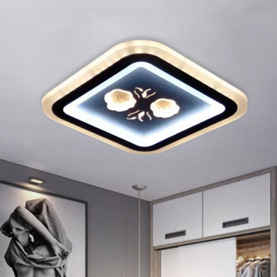 Modern Square/Round Flushmount Light Acrylic LED Corridor Flush Ceiling Lamp in Black with Flower Pattern