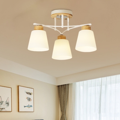 Modernism 3/5 Heads Semi Flush Light White and Wood Barrel Flush Ceiling Lamp with Cream Glass Shade